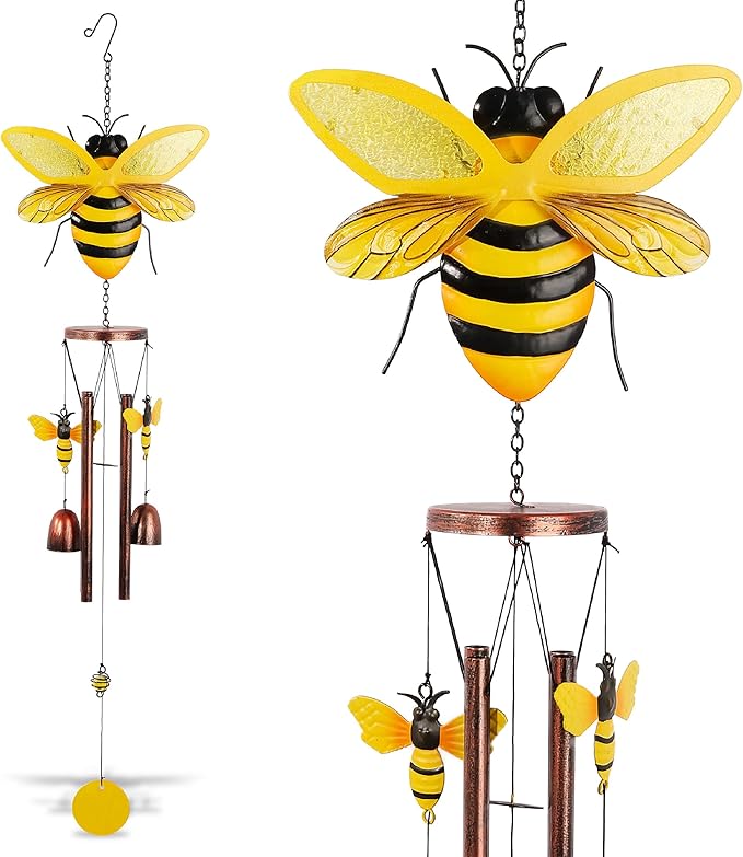 CoTa Global Bee Wind Chime - Handmade Metal and Glass Hanging Decor, Yellow and Black Garden Ornament with Copper Tubes, Indoor Outdoor Porch Patio Yard Decoration - 33 Inches