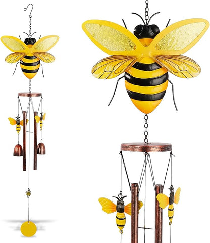 CoTa Global Bee Wind Chime - Handmade Metal and Glass Hanging Decor, Yellow and Black Garden Ornament with Copper Tubes, Indoor Outdoor Porch Patio Yard Decoration - 33 Inches