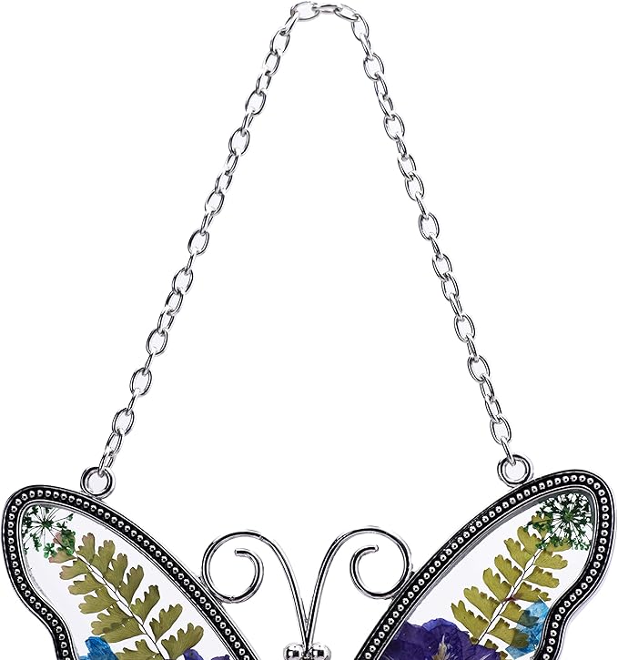 Laraine Butterfly Suncatcher with Pressed Flower Wings Mother's Day Butterfly Glass Wind Chime Ornament Charm with Metal Heart Gifts for Mom Grandma Birthday (Purple Mom (with Free Hook))