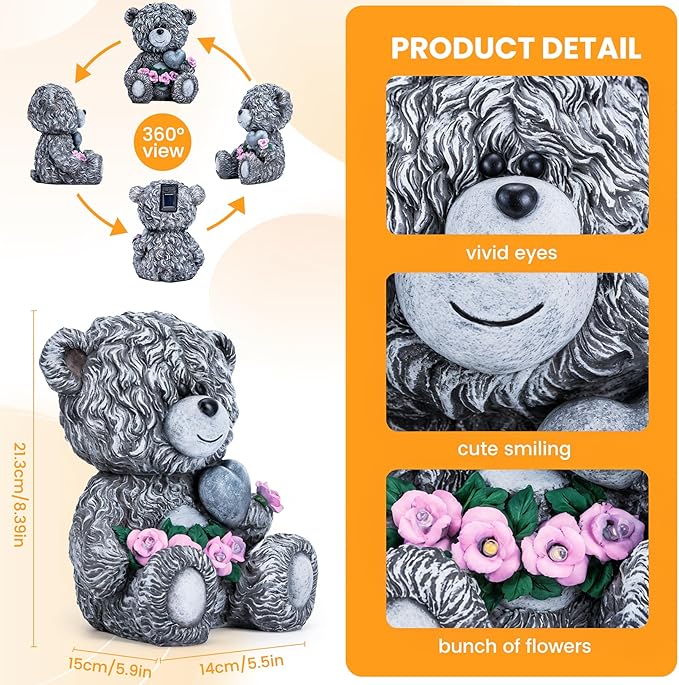 YDKOJGW Solar Garden Outdoor Statues Bear with Heart and Pink Flower and 5 LED Lights-Lawn Decor Bear Statue for Patio, Balcony, Yard Ornament-Unique Housewarming Gifts for Mom, Women