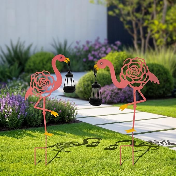 Solar Flamingo Light with Lantern - Outdoor Garden Decor, Metal Rose Cut-Out, Warm Auto-On Light, Gift for Patio, Yard, Party Decoration(2 Pack)
