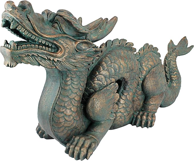 Design Toscano Asian Dragon of the Great Wall Garden Statue, Large 29 Inch Long, Cast Stone Resin, Green Bronze Verdigris Finish