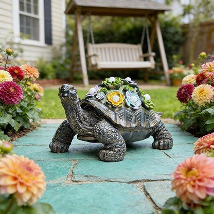 Solar Powered Succulent Turtle Statue, Resin Garden Decor with LED Lights, Waterproof Outdoor Ornament for Patio, Yard, Lawn, Porch, Unique Housewarming Gifts