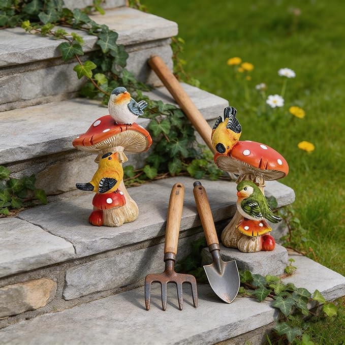 TERESA'S COLLECTIONS Garden Decor, Set of 2 Cute Birds and Mushrooms Garden Decor, Waterproof Resin Garden Statue, Birds Gift, Garden Gift for Women Mom, Indoor/Outdoor
