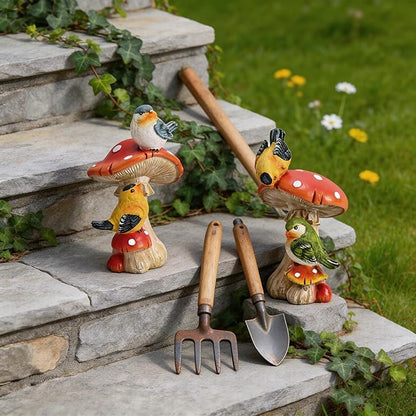 TERESA'S COLLECTIONS Garden Decor, Set of 2 Cute Birds and Mushrooms Garden Decor, Waterproof Resin Garden Statue, Birds Gift, Garden Gift for Women Mom, Indoor/Outdoor