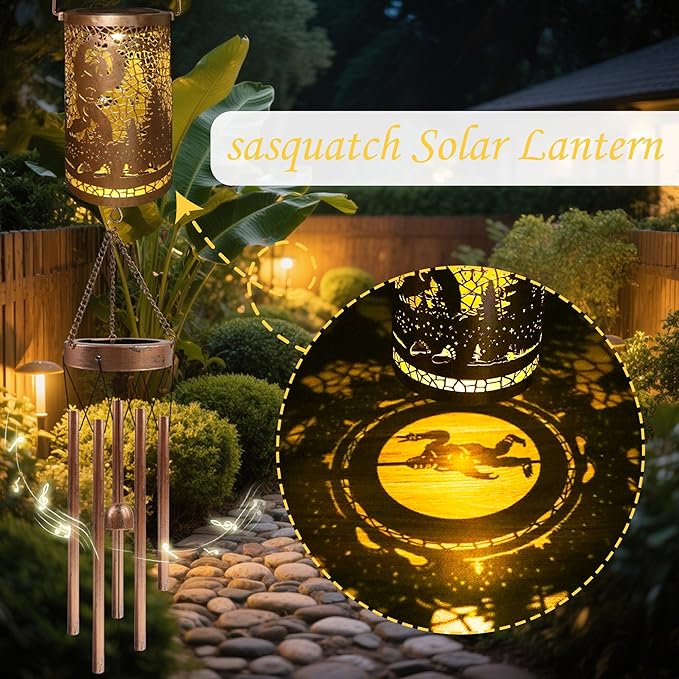 Sasquatch Solar Wind Chimes for Outside - Bigfoot Gifts Decor Outdoor Solar Lantern Wind Chimes, Metal Decorative Hanging Lights for Patio Porch Yard Lawn