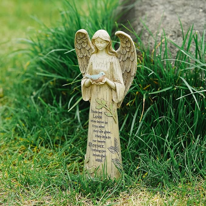 Topadorn Angel Statue Decoration for Garden & Home, Standing Angel with Bird Memorial Resin Figurine Sculpture Ornament, Waterproof Antique Stone, 10''H