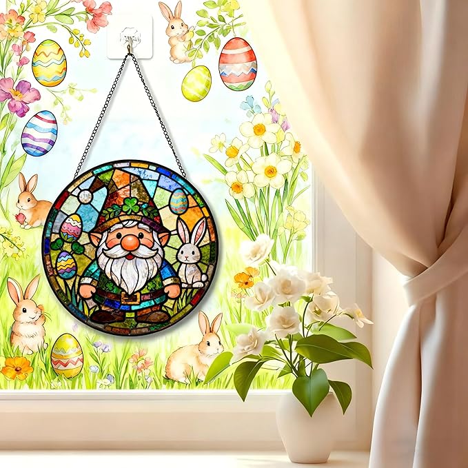 Funoasis Bunny Gnome Stained Glass Suncatcher - 6.3 Inches Easter Egg Hanging Window Ornaments Gift for Holiday Celebration Decoration