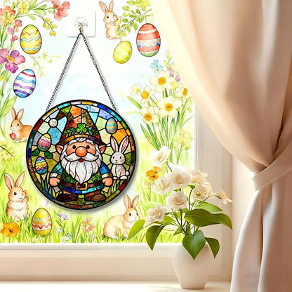 Funoasis Bunny Gnome Stained Glass Suncatcher - 6.3 Inches Easter Egg Hanging Window Ornaments Gift for Holiday Celebration Decoration