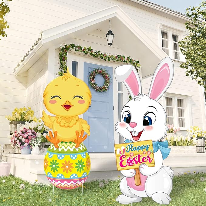 Capoda 2 Pack Easter Decorations Outdoor Yard Signs Bunnies 32.2 x 12.9 Inch Easter Eggs Yard Stake with H Stands for Holiday Party Spring Patio Lawn Garden Decor(Chick, Rabbit Style)