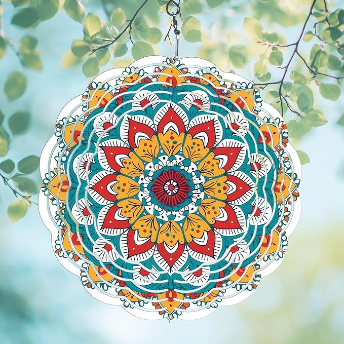 Wind Spinners Outdoor, Hanging Wind Spinner for Garden Decoration, 8 inch 3D Stainless Steel Metal Wind Sculpture for Indoor/Outdoor Decor, Mandala G