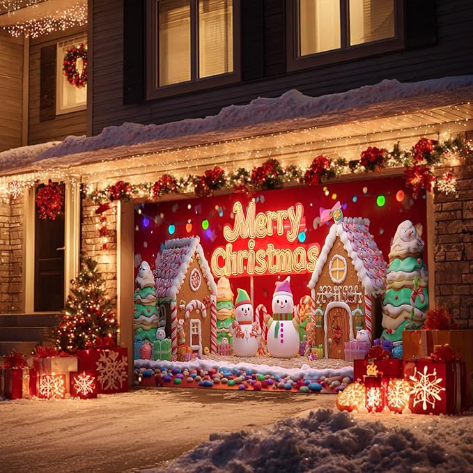 HOMETITUTE Christmas Garage Door Cover 13x6ft Snowman Gingerbread House Holiday Banner Red Background Colorful Lights Gift Boxes Seasonal Backdrop Outdoor Indoor Winter Party Festive Wall Porch