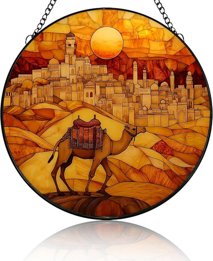 Stained Glass Suncatcher Yellow Desert Camel Handmade Window Hangings Colored Glass Suncatcher Crafts Kits for Indoor Garden Christmas Home Decor 6.3 in