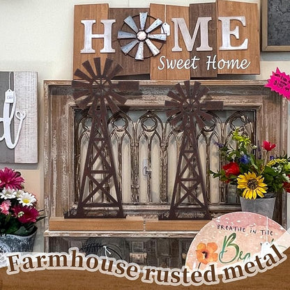 Tandefio 2 Pcs Farmhouse Windmill Table Top Decor 11.8 Inch Metal Rusted Vintage Desk and Shelf, Decorative Farmhouse Kitchen Rustic Windmill Rustic Home Decorations