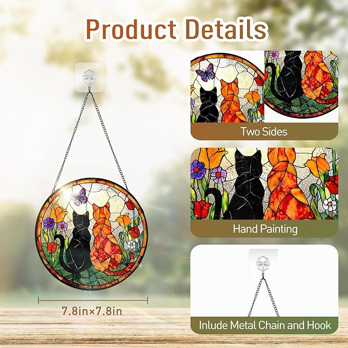 7.8 Inch Stained Glass Window Hanging Cats Flowers Butterfly Sun Catcher Indoor Window Door Wall Yard Home Decor Colorful Glass Panel Suncatcher Gifts for Women Men Mom Grandma