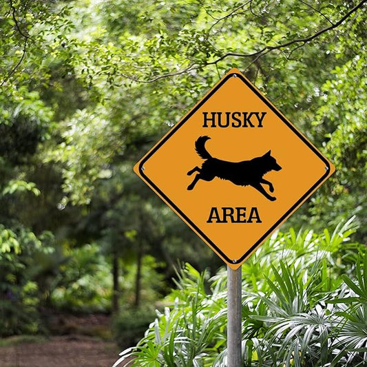 Warning Husky Area Aluminum Metal Sign Husky Dog Caution Crossing Xing Street Sign Yellow Diamond Shape Funny Metal Sign For Indoor Outdoor Highway10x10in