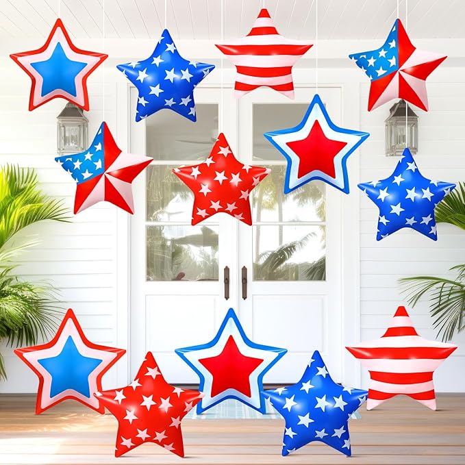 18 Pcs 4th of July Inflatable Outdoor Stars Decor 250th Anniversary Patriotic Memorial Day Outdoor Decorations Inflatable Star American Flag PVC Balloons Blow up for Hanging Home Garden Decor