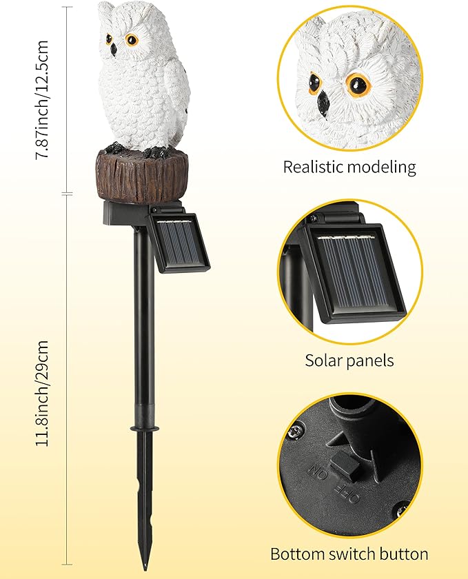 iStatue Solar Owl Garden Stake Lights, Realistic Resin Owl Outdoor Decor with Warm Glow, Waterproof Solar Yard Pathway Lawn Decoration Auto On/Off (1-Pack, Owl)