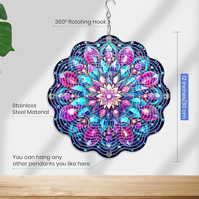 MXJSUA Kaleidoscope Wind Spinners for Indoor Outdoor Garden Decoration, 12 Inch Datura Stainless Steel Hanging Wind Spinners Ornaments Crafts for Gifts