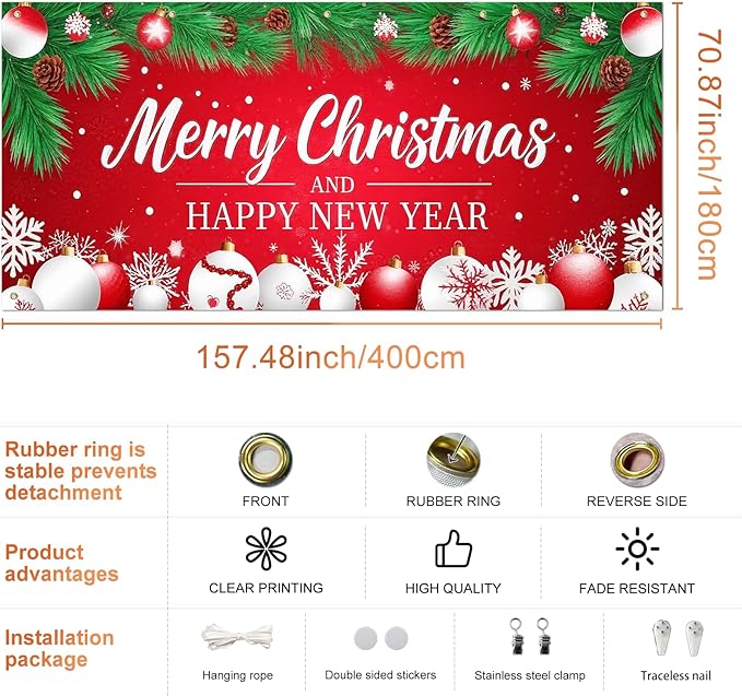 IVN Christmas Garage Door Cover Decoration 13x6ft Red Background Pine Needles White Baubles Snowflakes Merry Christmas Winter Garage Door Banner Home Door Front Yard Decor for Xmas Eve Holiday Outdoor