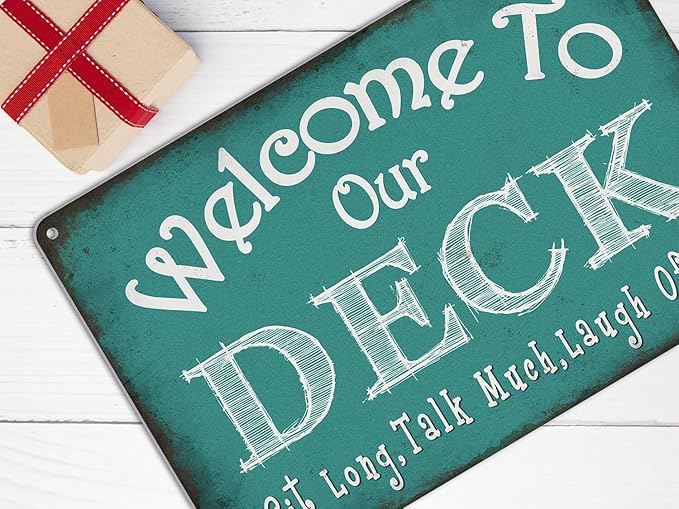 Welcome to Our Deck Sign Backyard Accessories Decor Outdoor, ALREAR Vintage Metal Tin Signs Farmhouse Home Wall Decorations 8x12 Inches