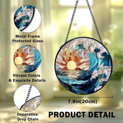Sun Coastal Ocean Suncatcher Stained Glass Window Hanging, Ocean Waves Sunshine Sun Catchers Indoor Window Glass Wall Art Decor, Nautical Beach Wall Hanging Decor, 7.9x7.9 Inch 039-MH-BLGH