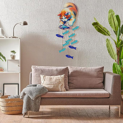 Cute Kitten Fish Wind Chimes for Outside, Handcrafted Windchimes Outdoors Unique,Suncatchers Sea Glass Art Christmas, Patio Beach Hanging Outdoor Home Garden Decor, Christmas Memorial Gifts for Women
