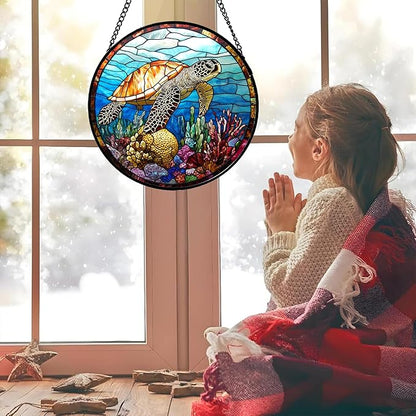 Stained Glass Window Hanging Blue Sea Ocean Coral Turtle 9.8" - Suncatcher Door Garden Sunroom Sun Catcher Home Decor Birthday Christmas for Mom Men Woman Nana