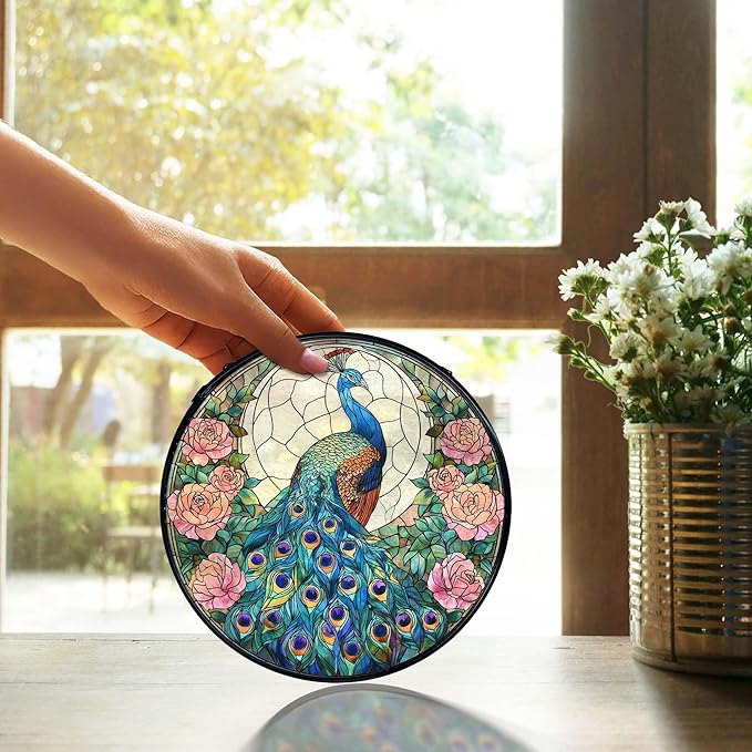 TNUW Peacock Flower Stained Glass Window Hanging, Peacock Decor Sun Catchers Indoor Window Glass Round Wall Art Decor, Bird Floral Wall Hanging Decorations, 7.9＂x7.9＂Suncatchers