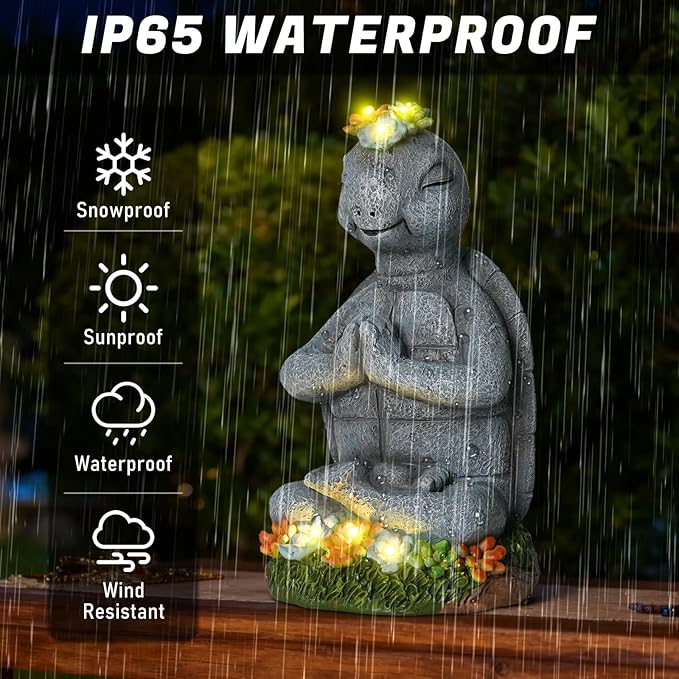 Meditating Turtle Garden Statue with Solar LED Lights - Zen Yoga Turtle Figurine with Succulents, 8.7-Inch Resin Garden Decor, IP65 Waterproof Outdoor Sculpture, Unique Birthday Gifts for Women Mom