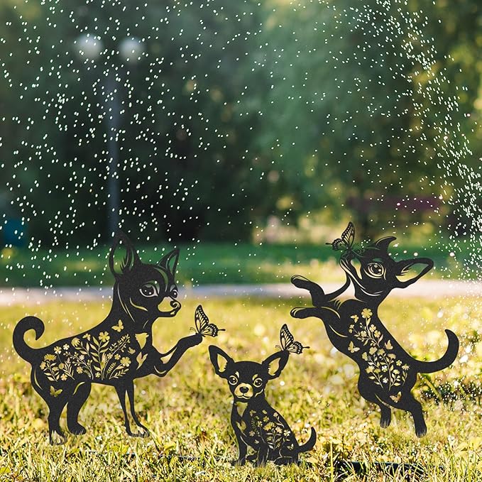 Garden Decor for Outside - 3 Pcs Chihuahua Statue Metal Yard Stakes Waterproof Black Animal Silhouette Ornaments Patio Lawn Pathway Backyard Decorations Cute Birthday Gifts for Dog Lover