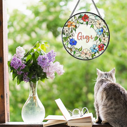 Gigi Floral Stained Glass Window Hanging Suncatcher for Grandma, Grandma's Garden Sun Catcher Window Wall Hanging Decor, Gigi Gifts for for Mothers Day Christmas Birthday, 7.8 x 7.8 in