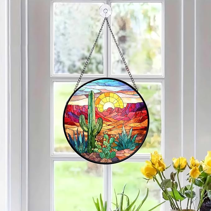 7.8" Cactus Suncatcher Stained Glass Window Hanging Green Plant Sun Catchers Desert Landscape Ornament Wall Art Door Terrace Garden Home Decor Birthday for Women Men Mom