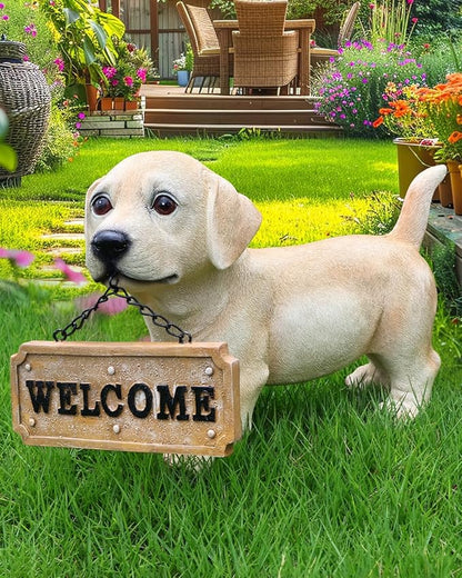 Labrador Dog Garden Statue with Solar Lantern & Interchangeable Welcome/On Patrol Sign, Cute Puppy Outdoor Decor Resin Animal Figurine for Yard, Patio, Lawn, Porch, Gifts for Dog Lovers