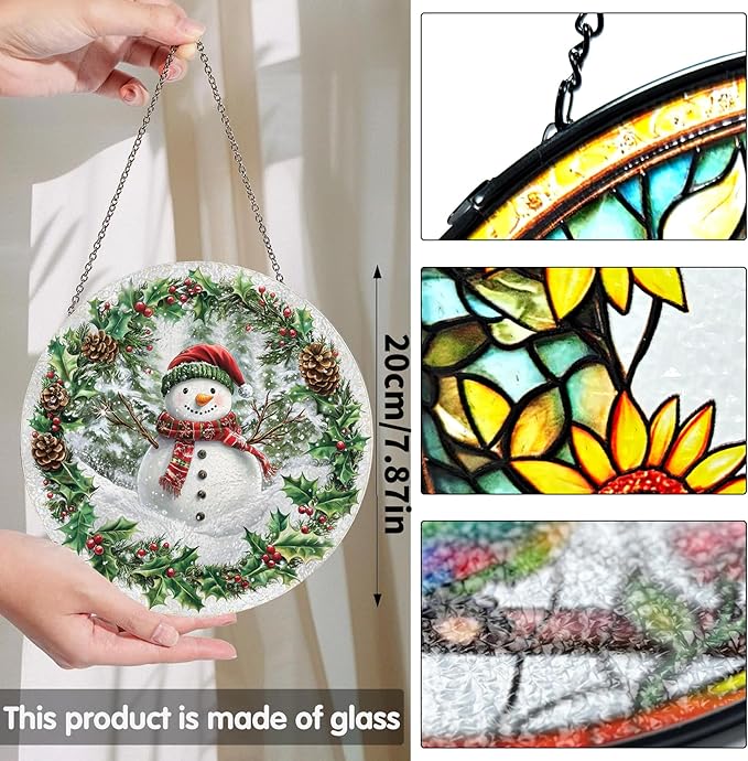 Bimkole Snowman Stained Glass Suncatcher Window Hanging - Christmas Indoor Window or Doorway Decoration - Handmade Sun Catcher Decor for Garden Home Christmas & Birthday Gifts 7.87x7.87 inch