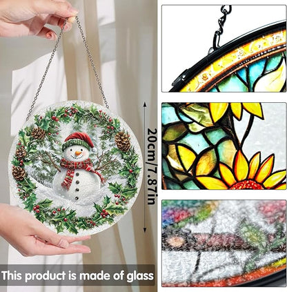 Bimkole Snowman Stained Glass Suncatcher Window Hanging - Christmas Indoor Window or Doorway Decoration - Handmade Sun Catcher Decor for Garden Home Christmas & Birthday Gifts 7.87x7.87 inch
