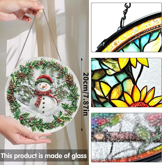 Bimkole Snowman Stained Glass Suncatcher Window Hanging - Christmas Indoor Window or Doorway Decoration - Handmade Sun Catcher Decor for Garden Home Christmas & Birthday Gifts 7.87x7.87 inch
