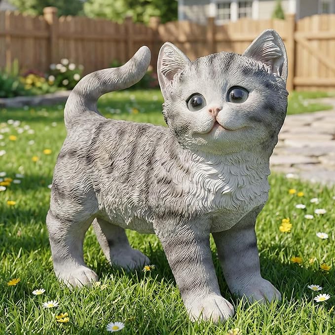 Real Grey Tabby Garden Statue - Resin Realistic Cat Sculpture, Pet Loss Memorial Stone, for Cat Lovers, Indoor/Outdoor Decor, Animal Figurine for Yard Ornaments