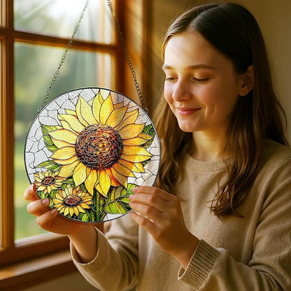 8-Inch Stained Glass Ornament, Stained Glass Window Hanging, Sunflower Ornament, Window Hanging Decor Suncatcher | Mother's Day, Christmas, Birthday, Gifts for Sunflower Plant Lovers