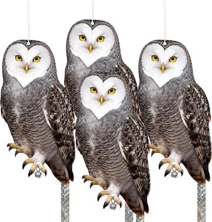 Owls to Keep Birds Away: 4Pcs Fake Owl with Reflective Tape for Orchard Garden Patio Pool, Reflective Hanging Decoration to Keep Birds Pigeon from Windows Tree Vineyard
