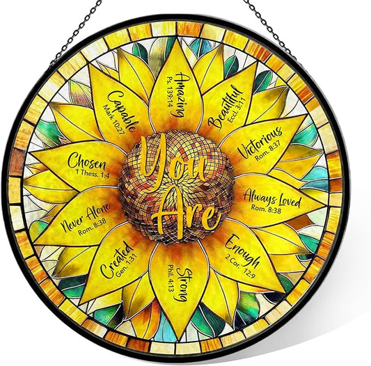 Christian Sunflower Stained Glass Window Hanging, 7.9" Inspirational Bible Verse Sun Catcher Glass Panel, Sunflower Decor Hand Painted Round Wall Art, Religious Gifts for Women, Mom, Wife