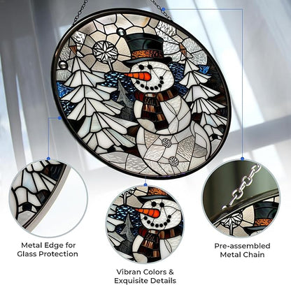 Geometric Snowman Christmas Stained Glass Suncatcher Window Hanging, Gothic Dragon Christmas Ornaments for Fiction Lovers, Dinosaur Room Decor for Nursery New Home Gifts