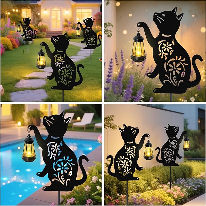 Solar Cat Hanging Lantern Outdoor, 2 Pack Black Cat Solar Lights, Cat Lover Gifts for Women Mom Grandma Birthday,Mother's Day,Waterproof Garden Ornaments Decor Outside Backyard,Patio,Pathway