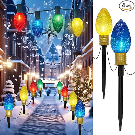 C9 Multicolor Christmas Decorations Outdoor Waterproof, 8FT Strawberry Jumbo Walkway Lights with 4 C9 LED Bulb, Connectable Marker Stakes Landscape Lights for Winter Yard Garden Lawns Xmas Holiday