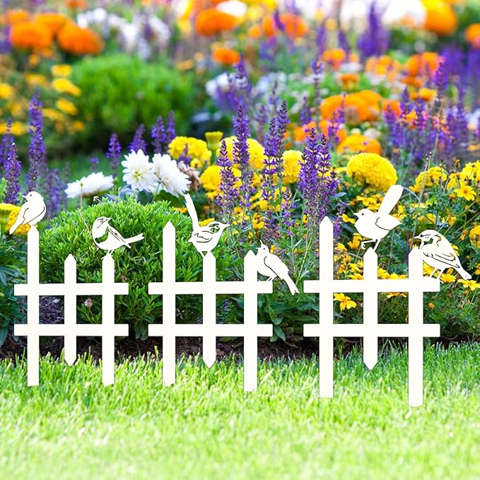 3 Pcs Small Garden Fence with 6 Pieces Birds Decoration, Metal Birds Yard Decor, Insert Lawn Picket Fence Garden Borders Decorative for Landscape Path Flowerbeds Plant Yard, Fence Decorations Outdoor