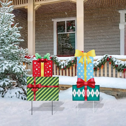Afirst Christmas Yard Stakes Gift Box Christmas Yard Decorations Detachable 4 Stacked Gifts Boxes Metal Yard Stakes Outdoor Xmas Stake for Lawn Pathway Outdoor Decoration
