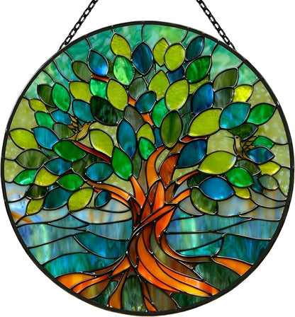 Stained Glass Window Hangings, Tree of Life with Hummingbird Suncatchers for Window, Treasured Gift for Mom, Grandma, Family and Friends (Green, 6.7x6.7 in)