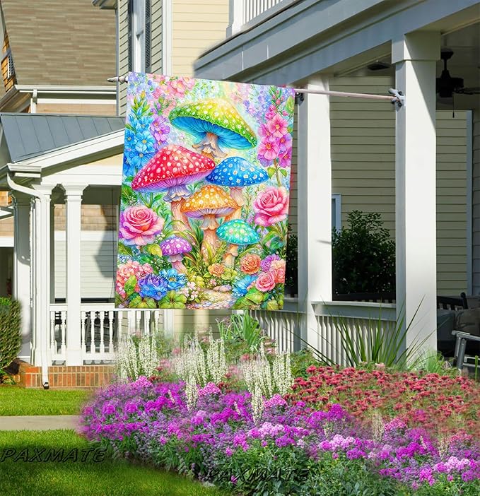 Spring Summer House Flag 28x40 Inch Double Sided Outside Colorful Mushroom Floral Flowers Outdoor Seasonal Holiday Welcome Yard Decoration