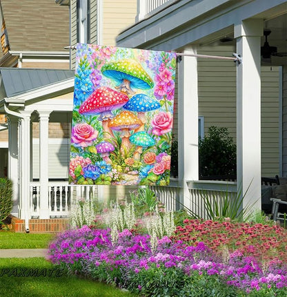 Spring Summer House Flag 28x40 Inch Double Sided Outside Colorful Mushroom Floral Flowers Outdoor Seasonal Holiday Welcome Yard Decoration