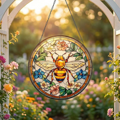 Stained Glass Window Hanging, Bee in Garden Flowers Sun Catcher, 7.87 InchHandmade Suncatcher for Window, Home Kitchen Decor, Gift for Gardeners, Bee Lovers, Birthday